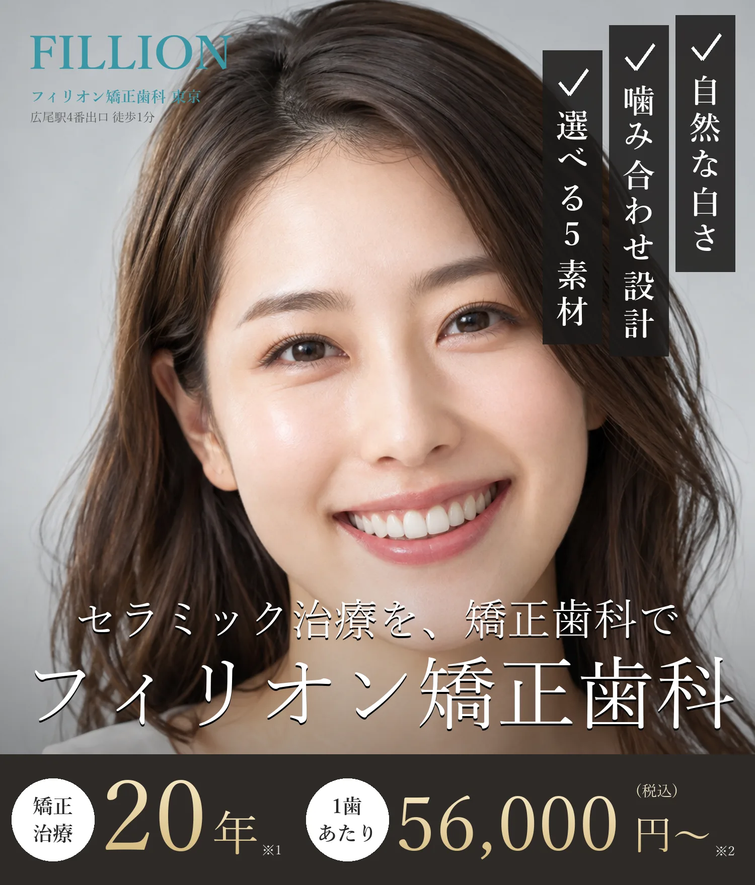 セラミック治療を、矯正歯科で。フィリオン矯正歯科。白く自然な色・噛み合わせ設計・選べる5素材。矯正治療20年、1歯あたり56,000円〜（税込）
