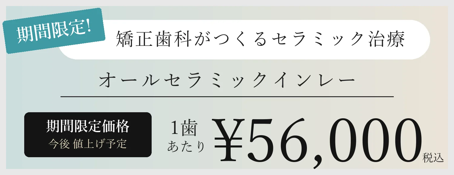 期間限定価格。オールセラミックインレー 1歯あたり56,000円(税込)。今後、価格改定を予定しています。
